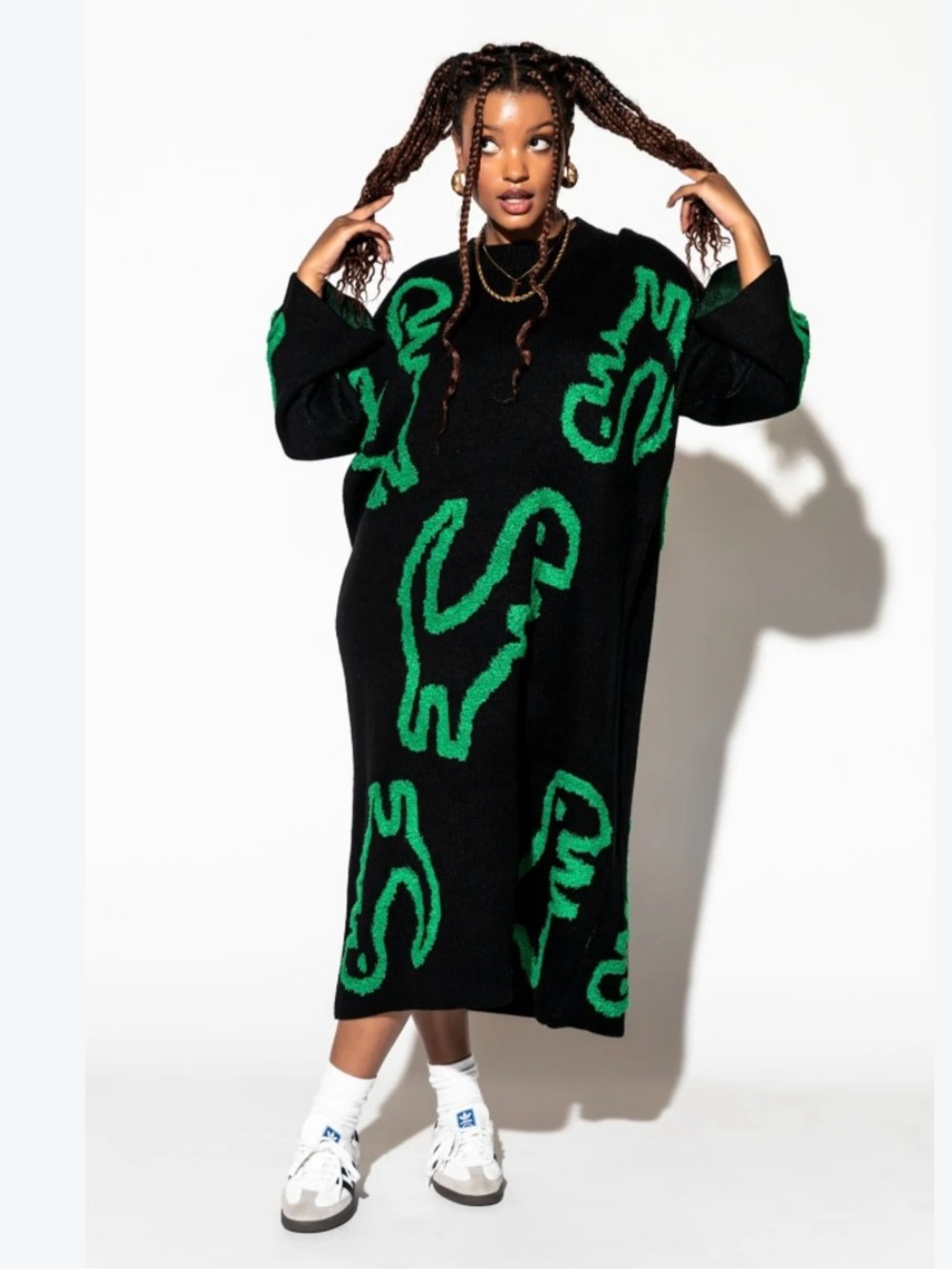 DRESSED IN LALA RAWR black knit oversized green dinosaur sweater dress S M